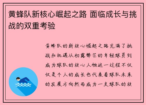 黄蜂队新核心崛起之路 面临成长与挑战的双重考验
