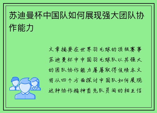 苏迪曼杯中国队如何展现强大团队协作能力